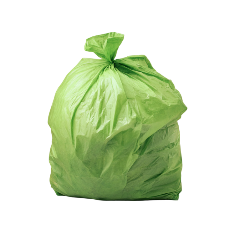 a green trash bag on a white background