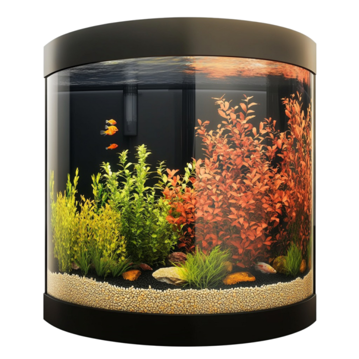 a fish tank filled with plants and rocks