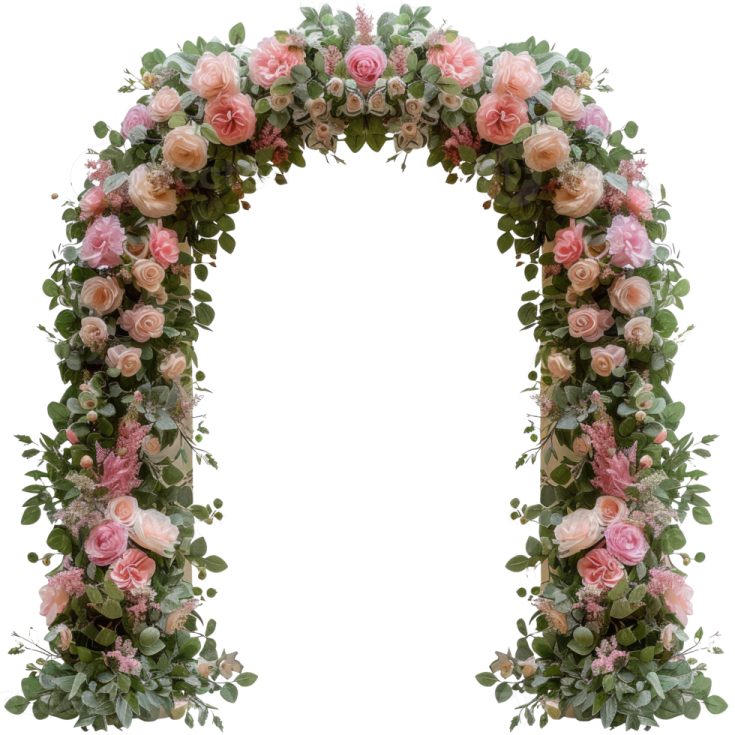 a floral arch with pink roses and eucalyptus leaves
