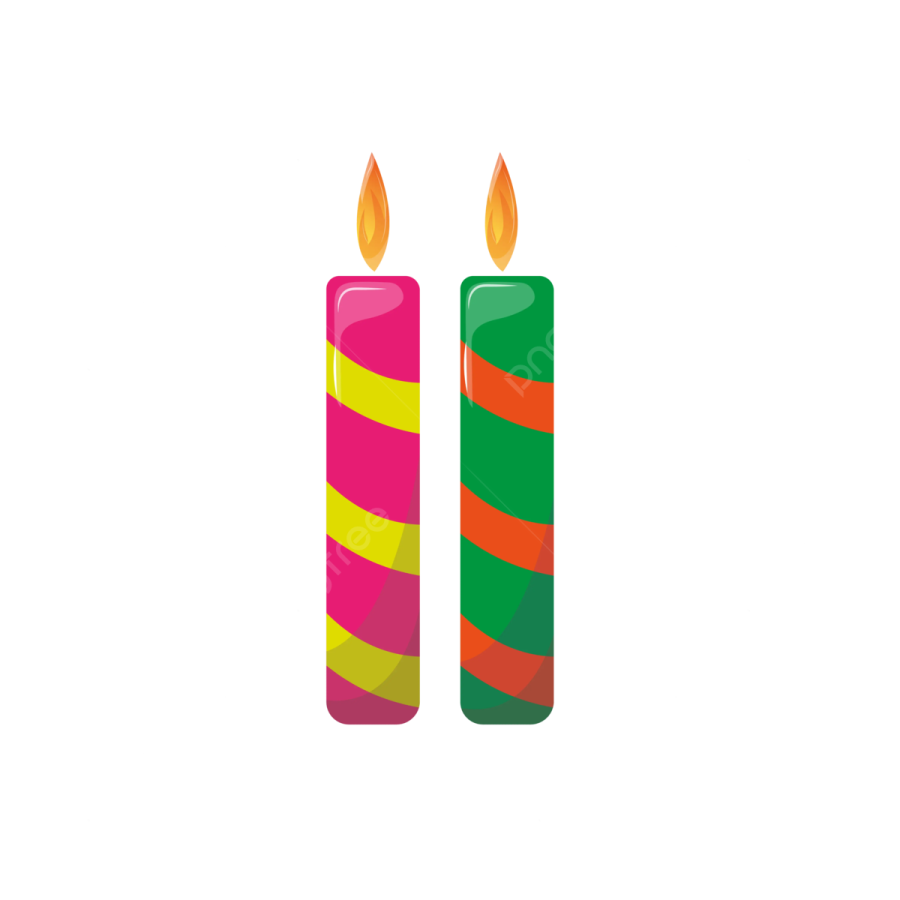 two candles with colorful stripes on white background