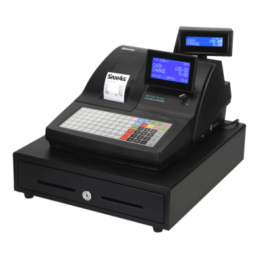 a black cash machine with a blue screen
