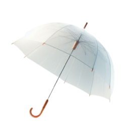 a white umbrella with an orange handle