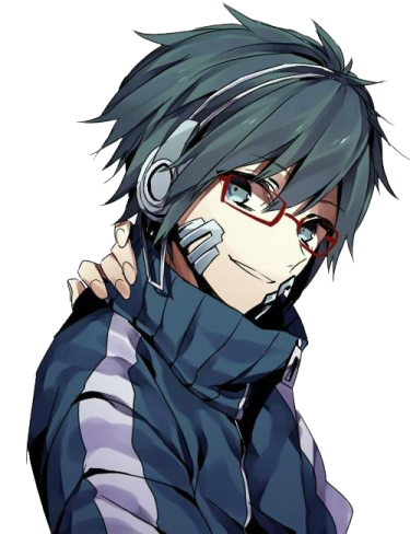 an anime character with black hair and blue eyes, wearing headphones