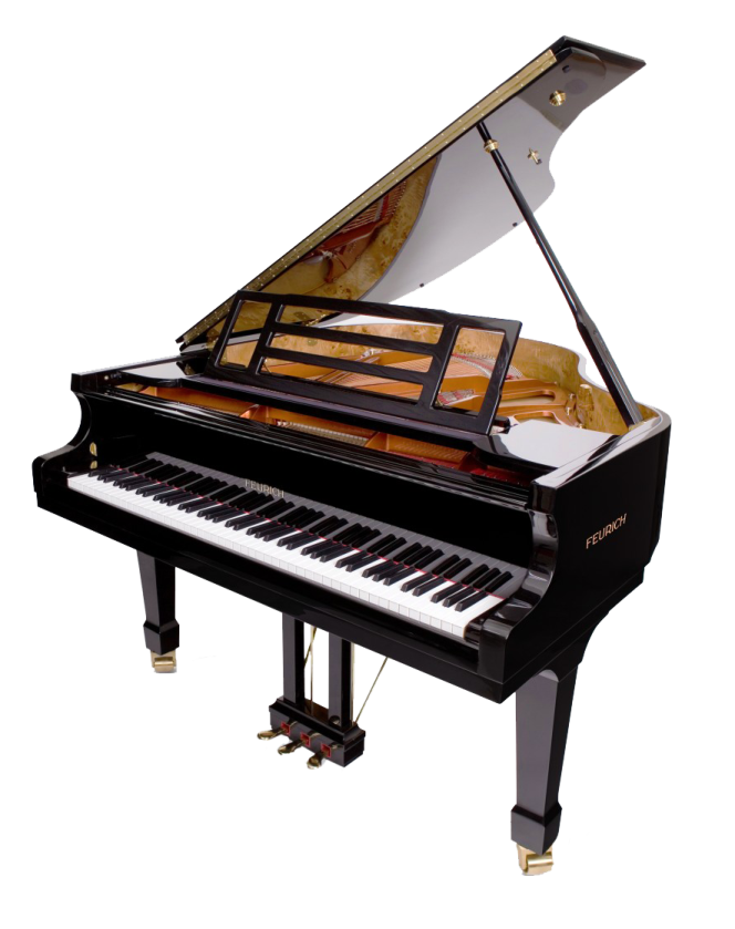 a grand piano with a black case