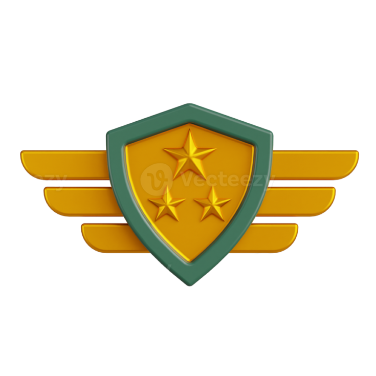 a green shield with gold stars and wings