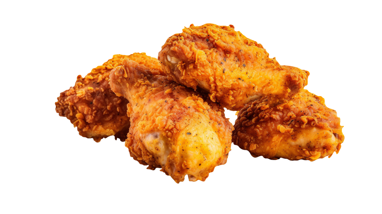 three pieces of fried chicken on a white background