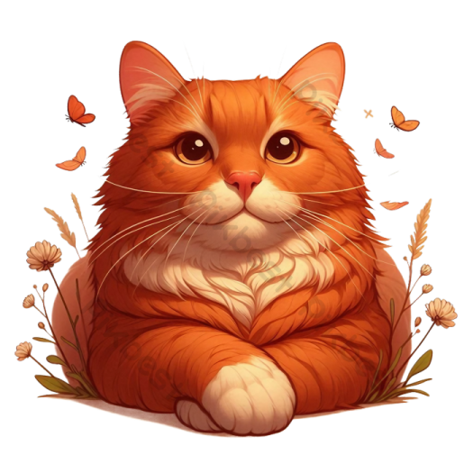 an orange cat sitting in a field of flowers