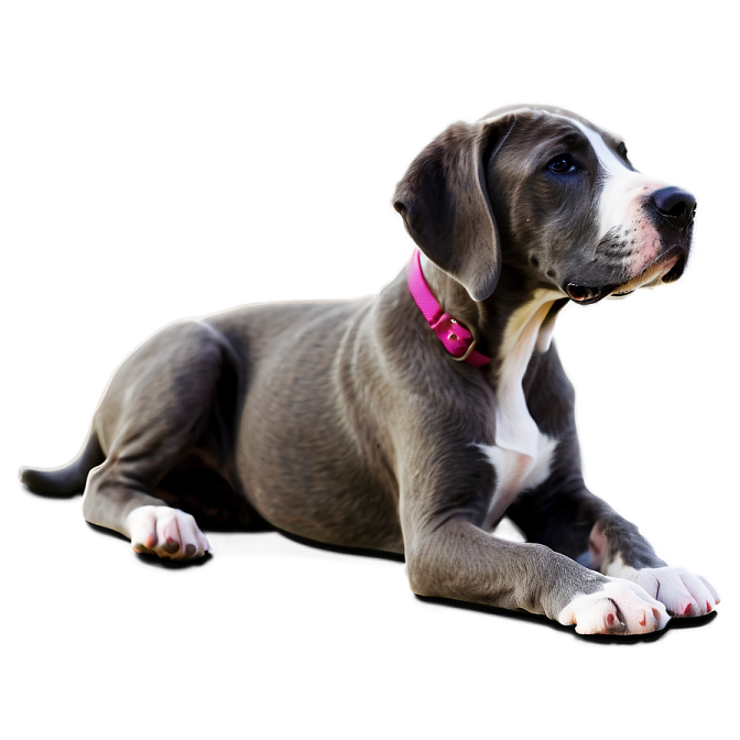 a gray and white dog laying down on the ground