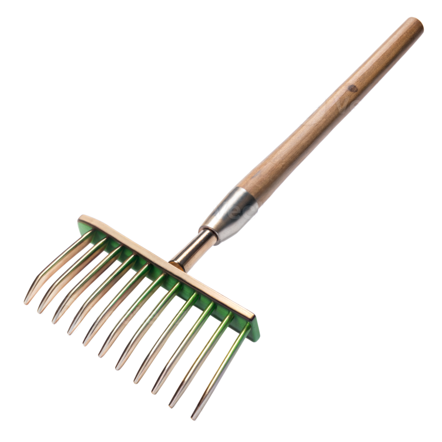 a green rake with wooden handle