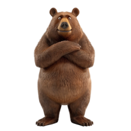 a brown bear standing with his arms crossed
