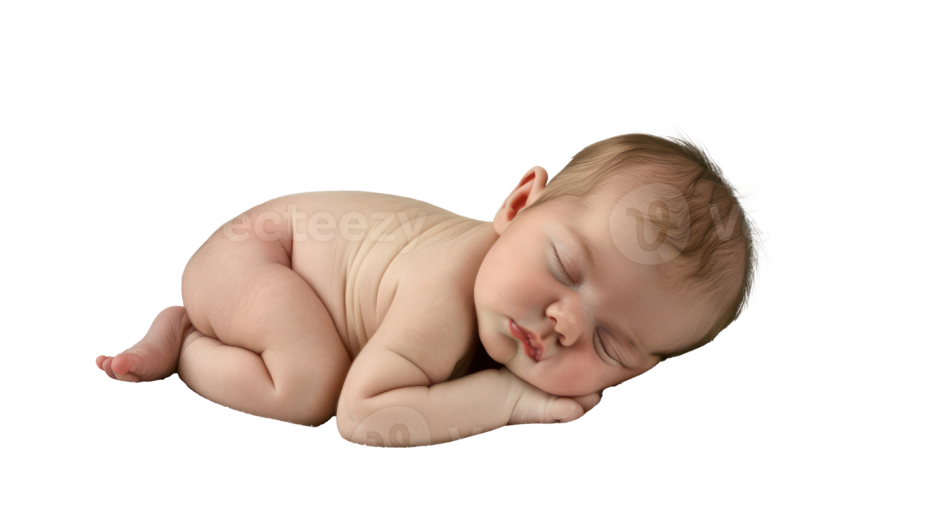 a baby sleeping on a white background