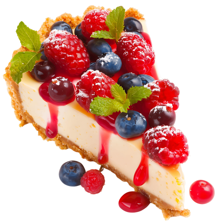 a piece of cheese pie with berries and mint