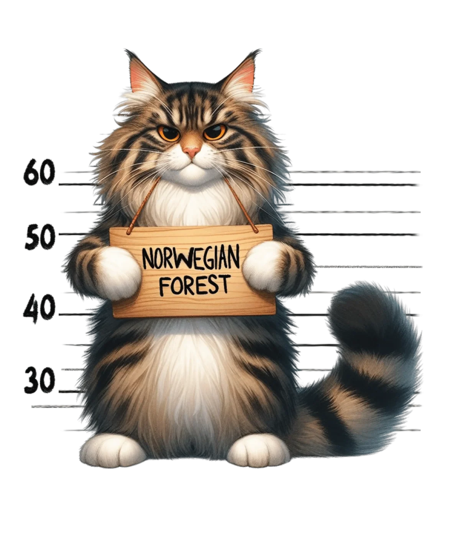 a cat holding a sign that says norwegian forest