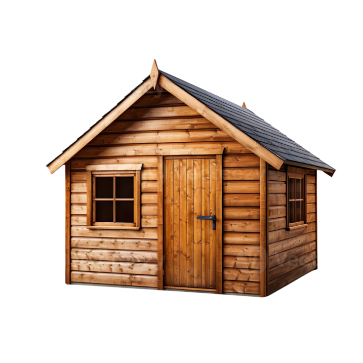 a small wooden shed on a white background