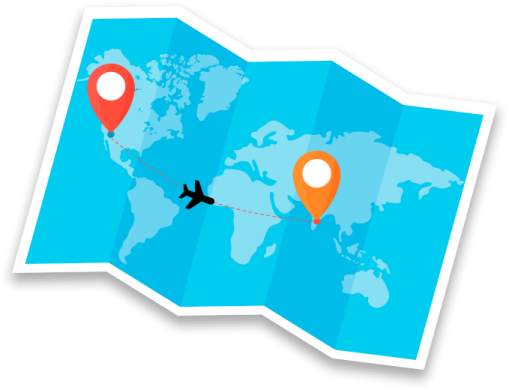 a map with an airplane flying over it