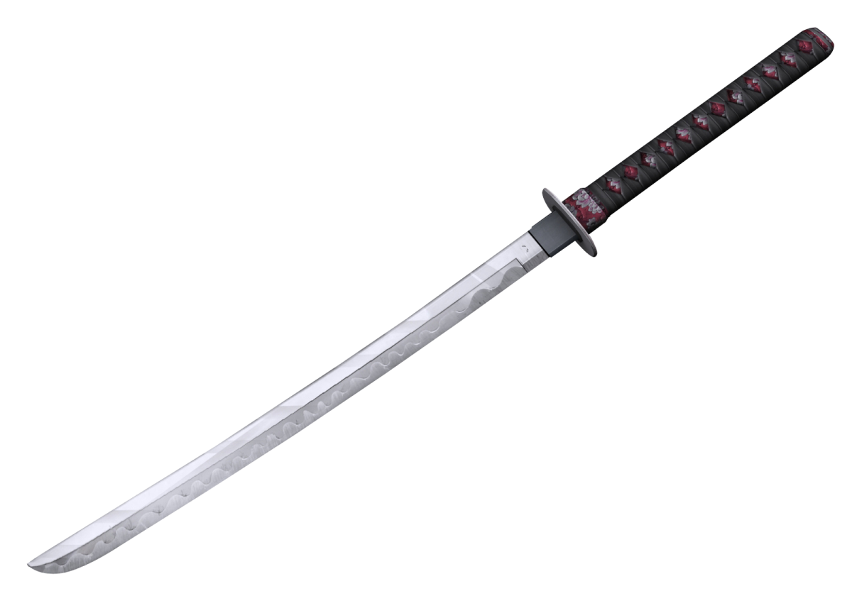 a knife with red and black designs on it
