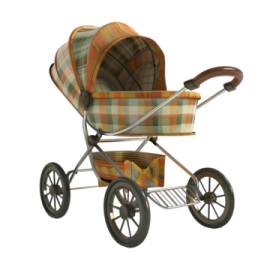 a baby stroller with plaid fabric on it