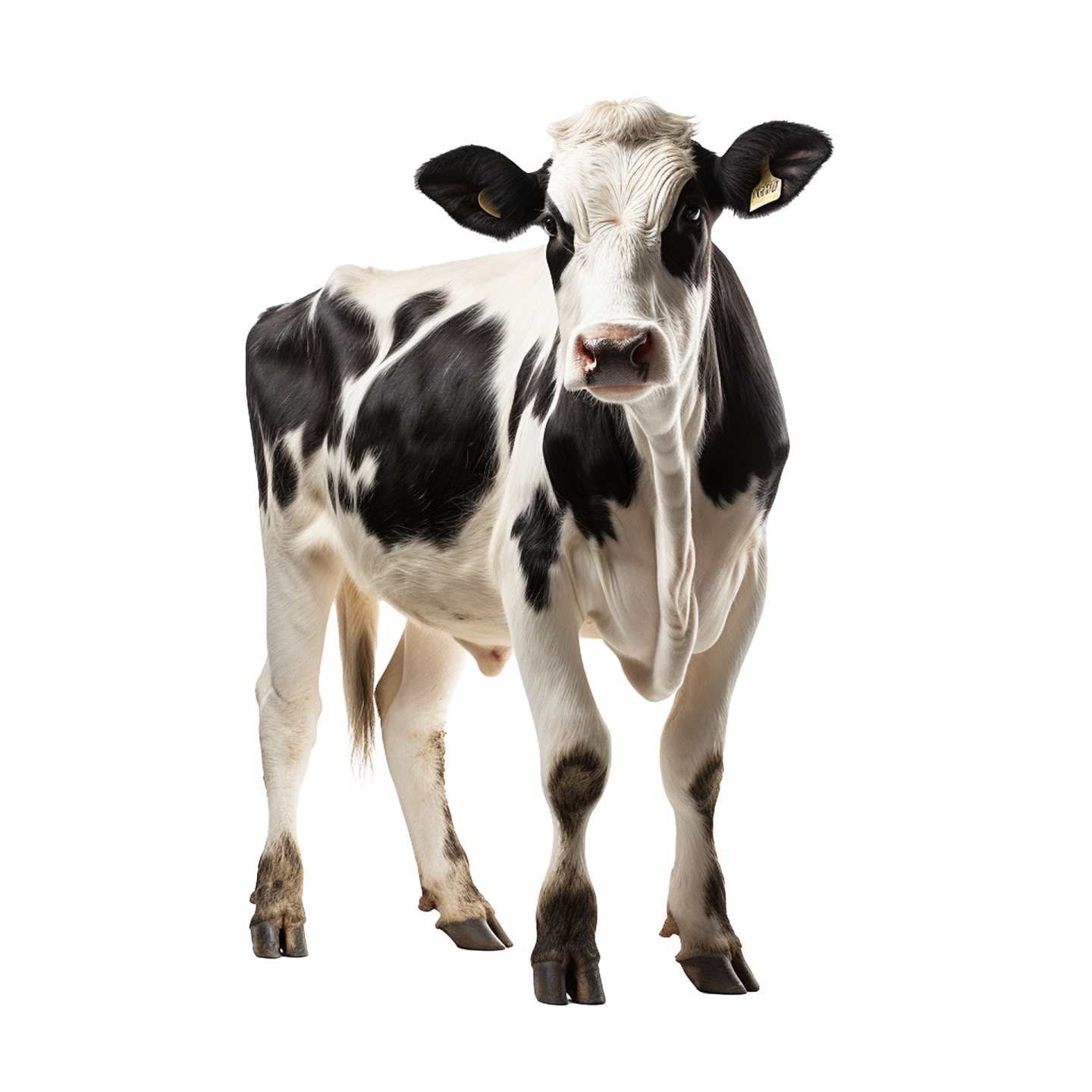 a black and white cow standing in front of a white background