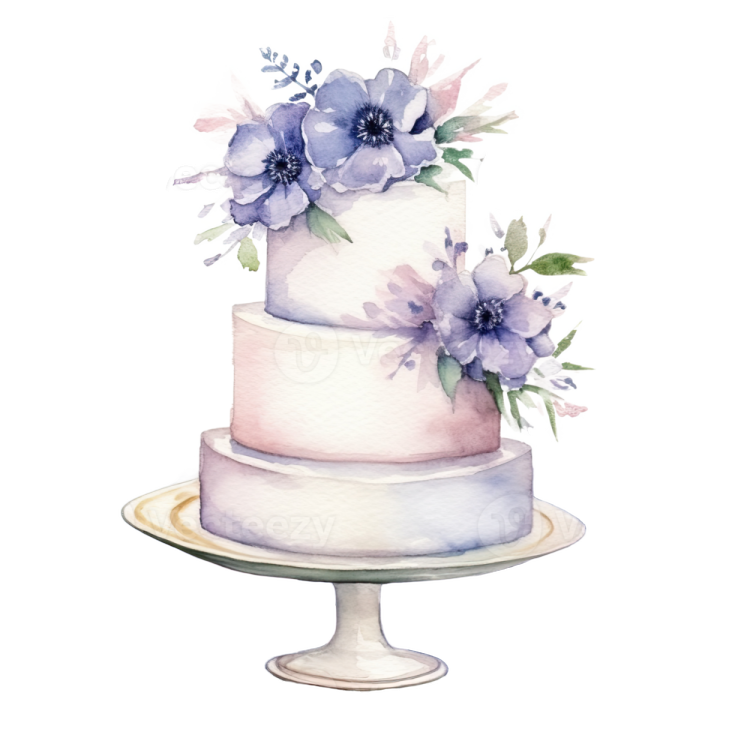 a watercolor painting of a wedding cake with purple flowers
