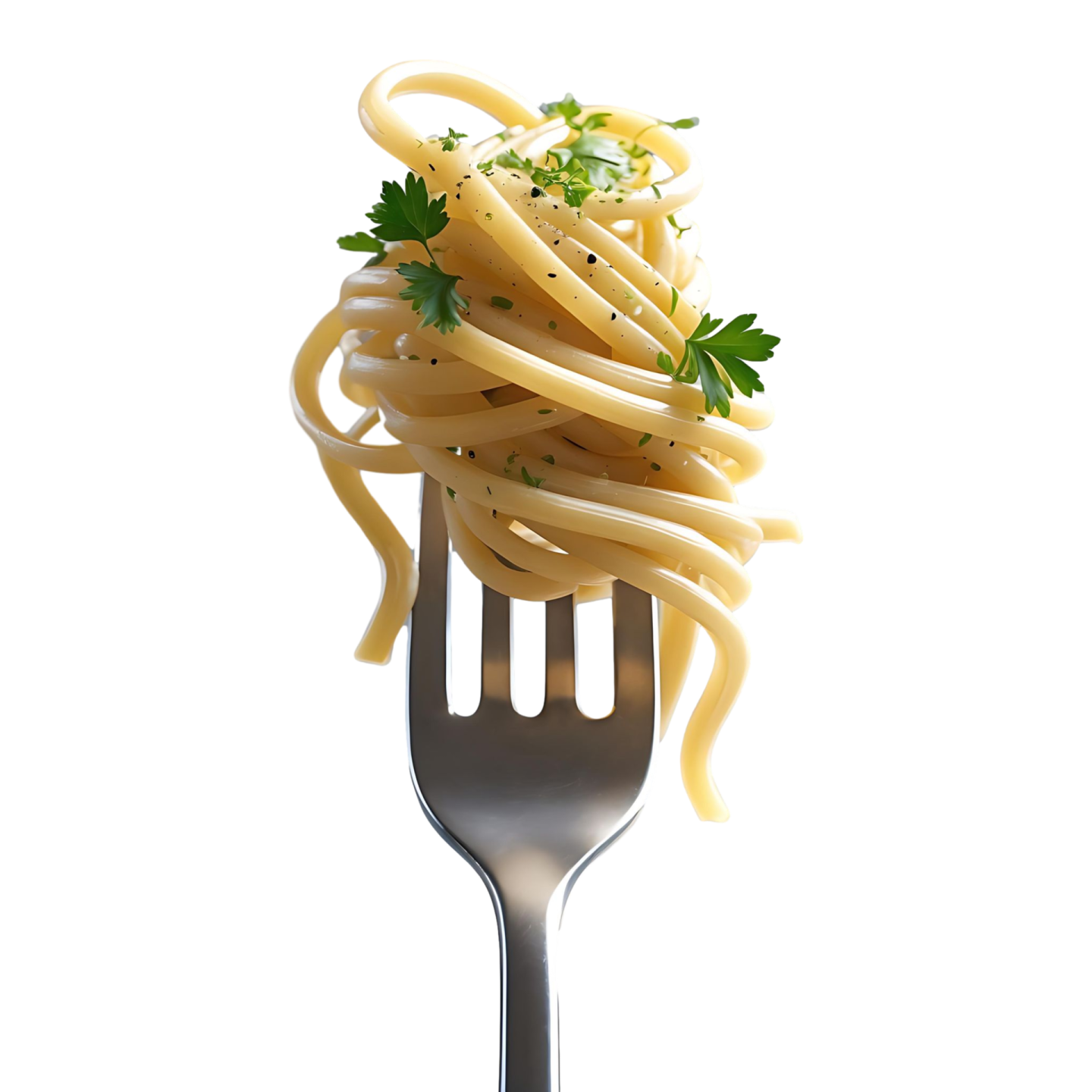 a fork full of pasta on a white background