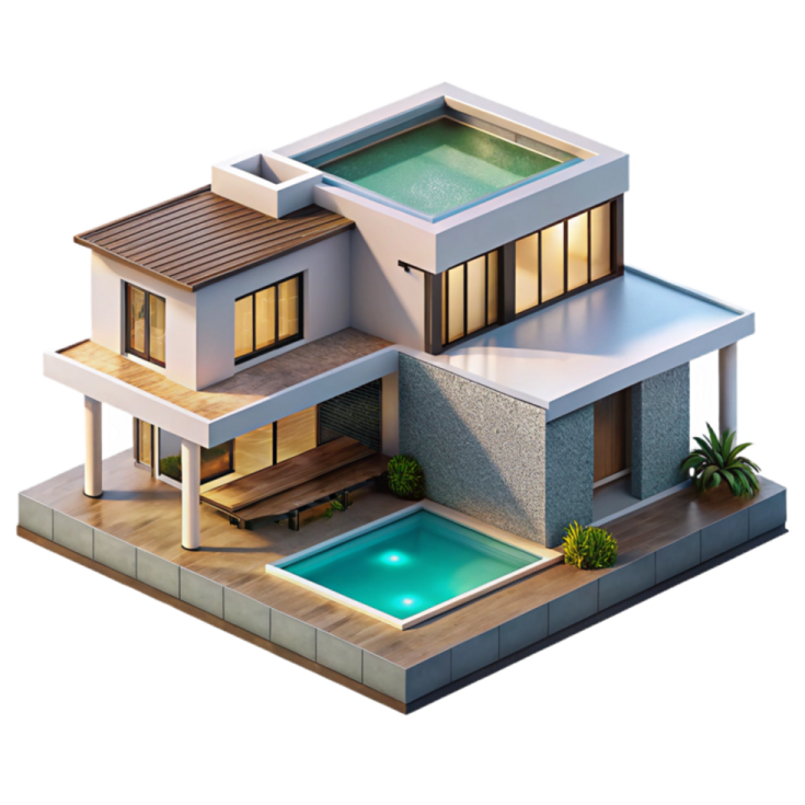 a 3d model of a house with swimming pool