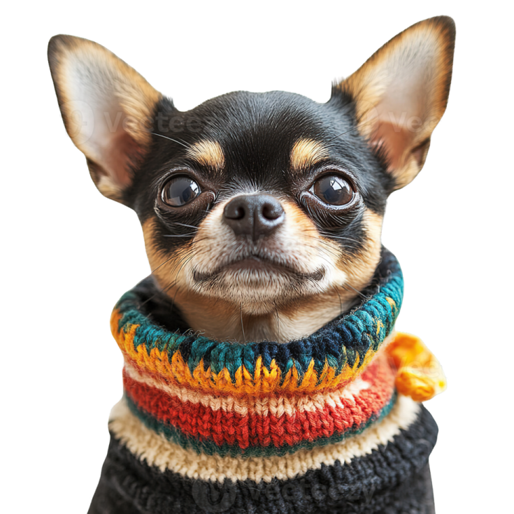 a small dog wearing a colorful knitted scarf