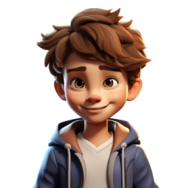 a young boy with brown hair wearing a blue jacket