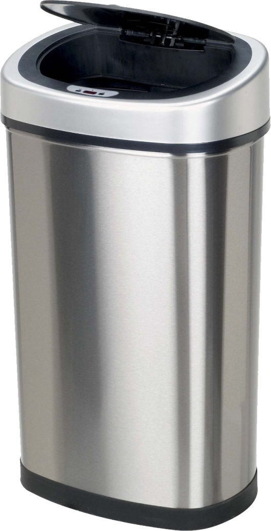 a stainless trash can with the lid open
