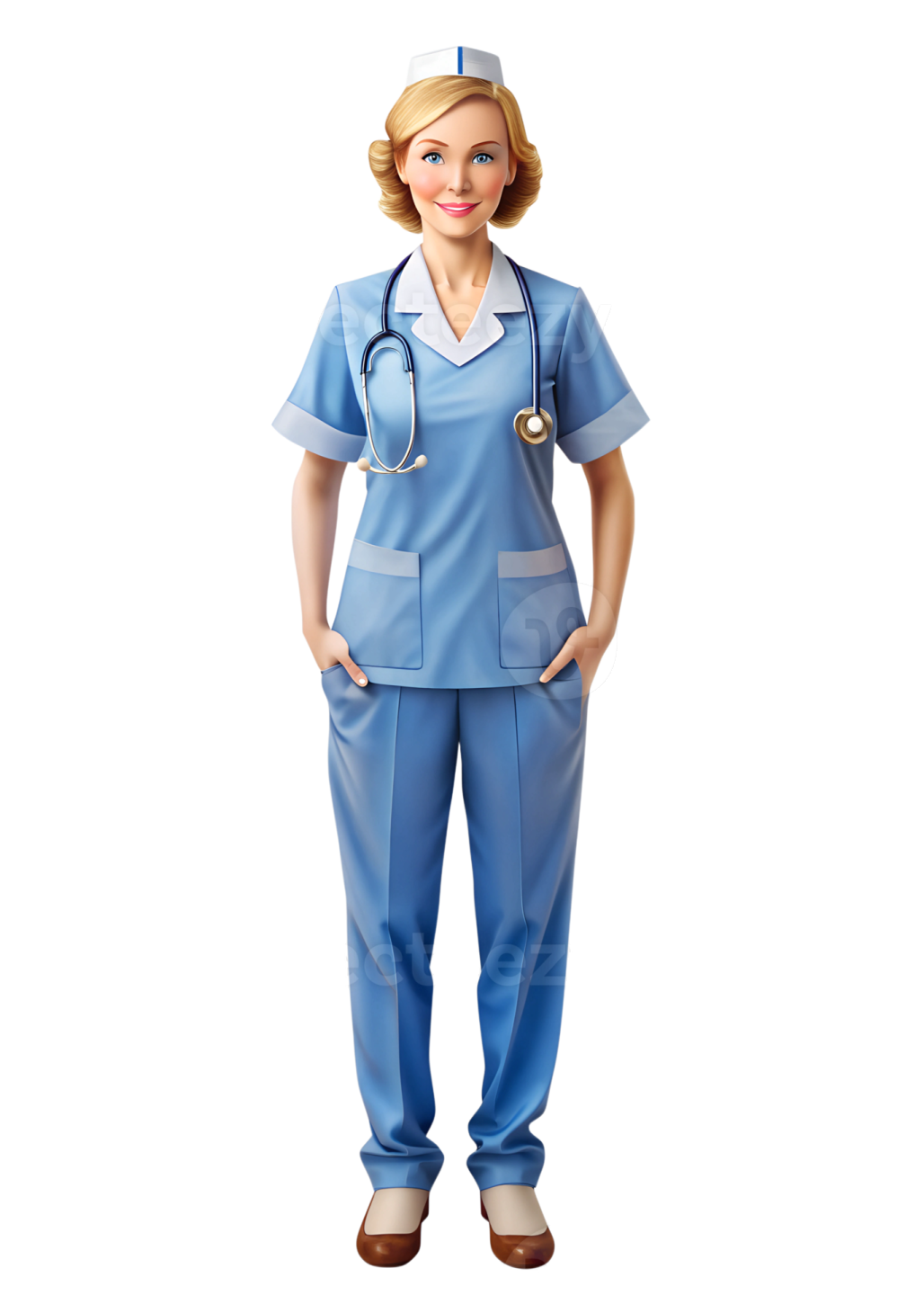 a female nurse in a blue uniform