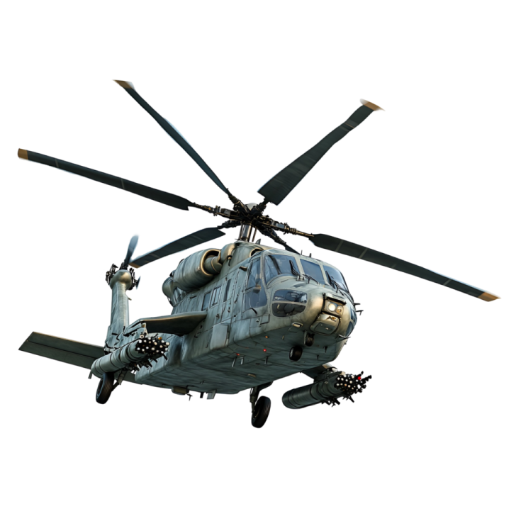 a military helicopter flying in the sky