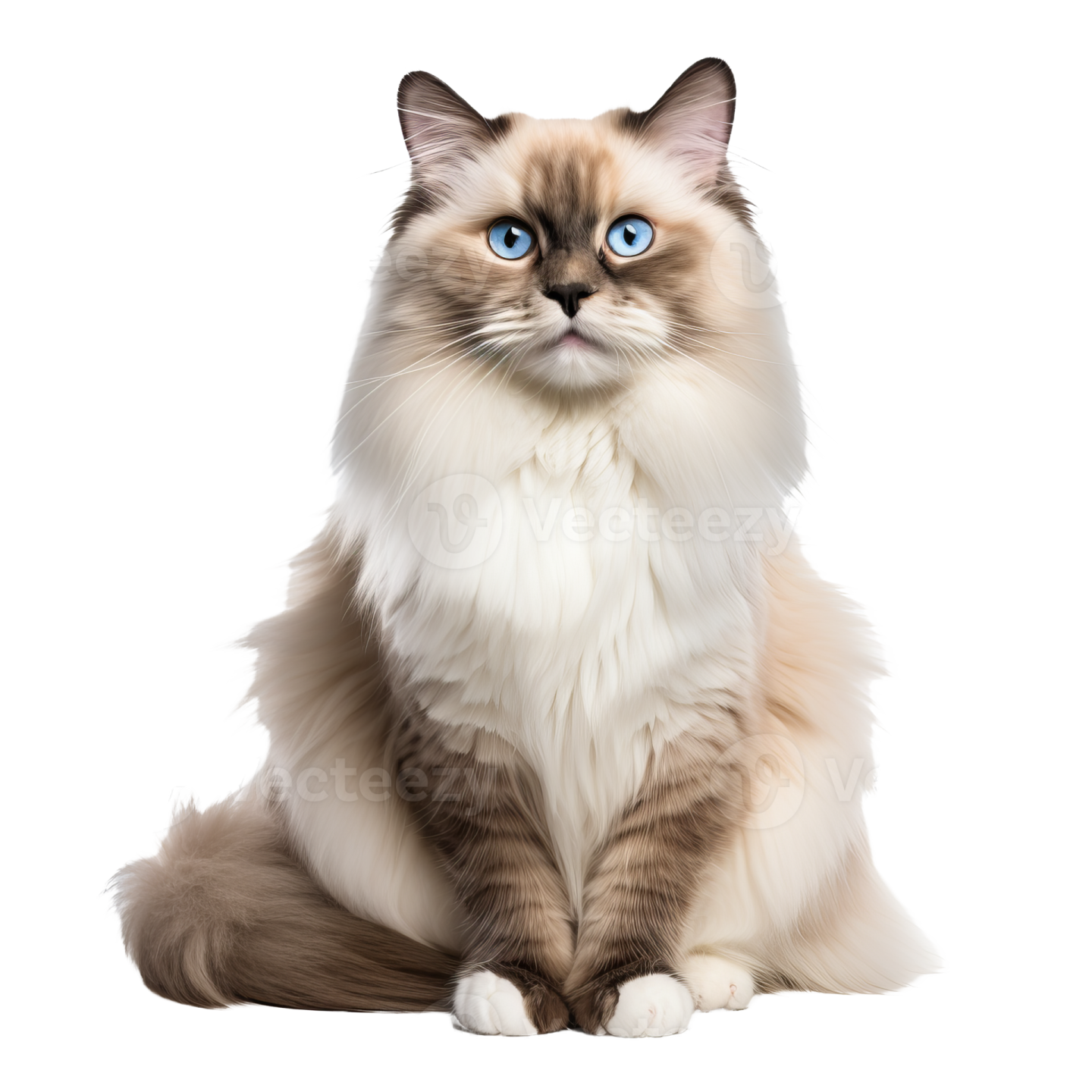 a cat with blue eyes sitting down