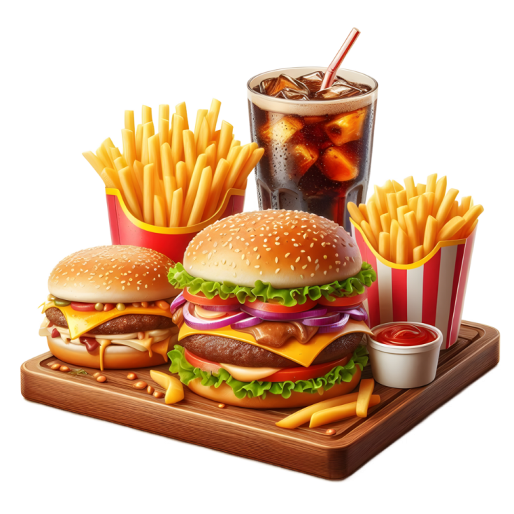a hamburger and french fries on a cutting board
