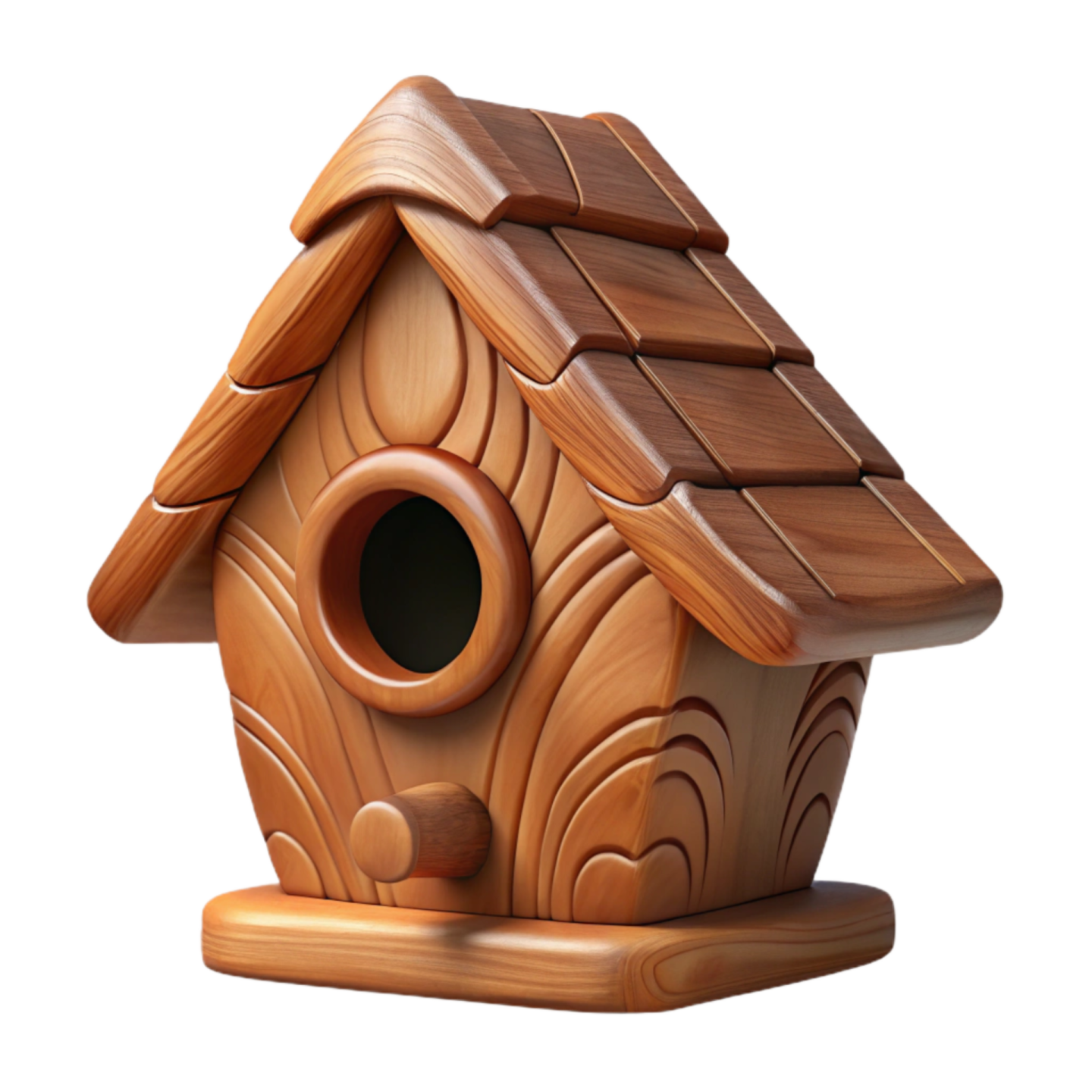 a wooden birdhouse on a white background