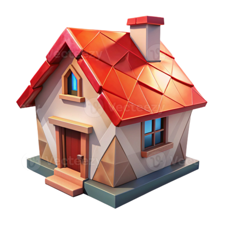 a 3d model of a house with red roof