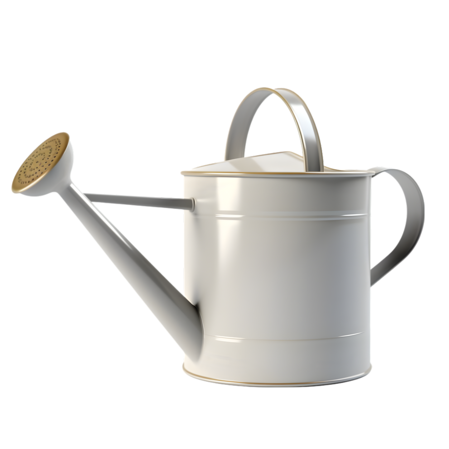 a white watering with a gold handle