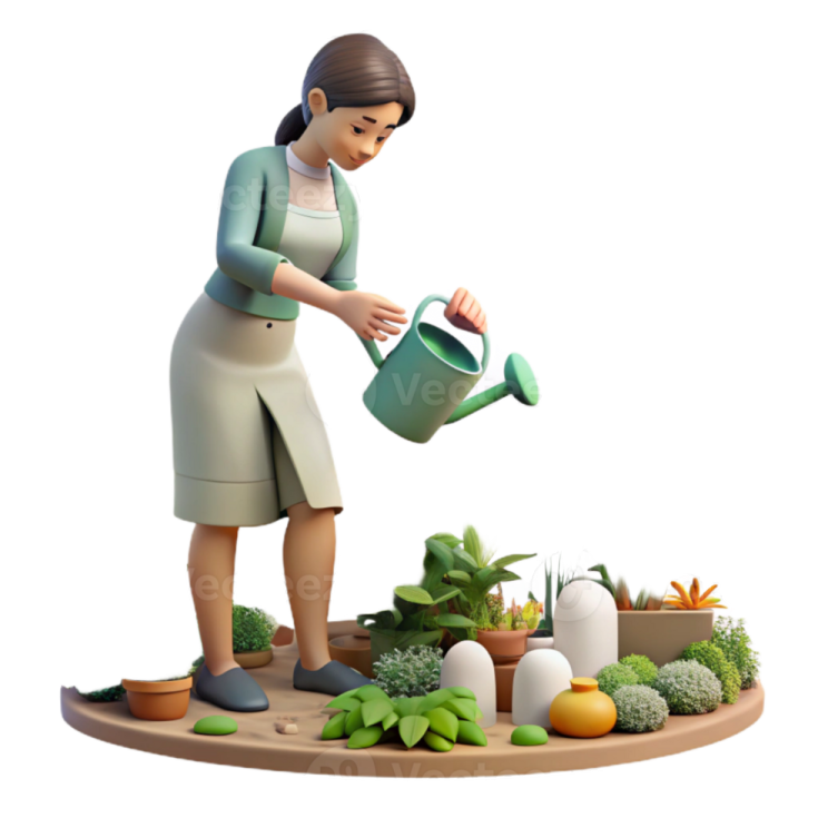 a woman watering plants on a wooden tray