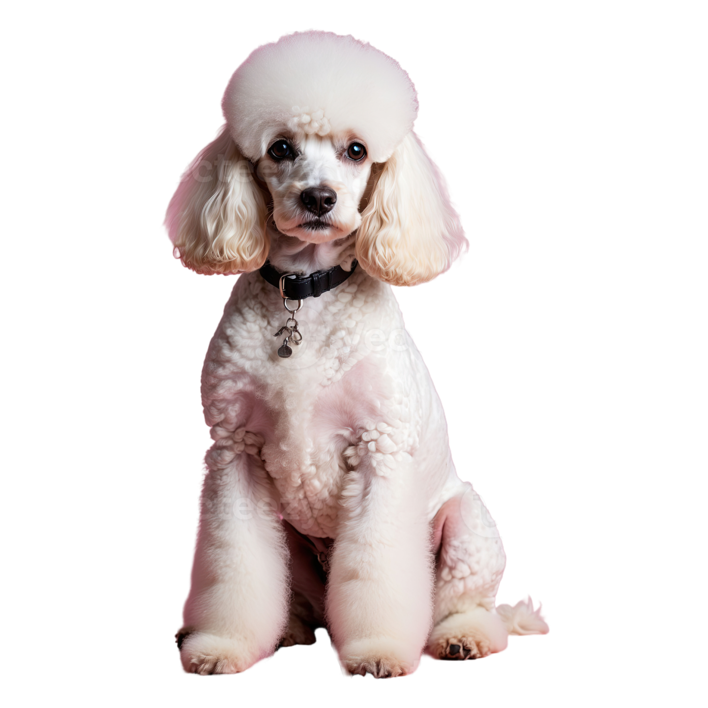 a small white poodle sitting on a white background