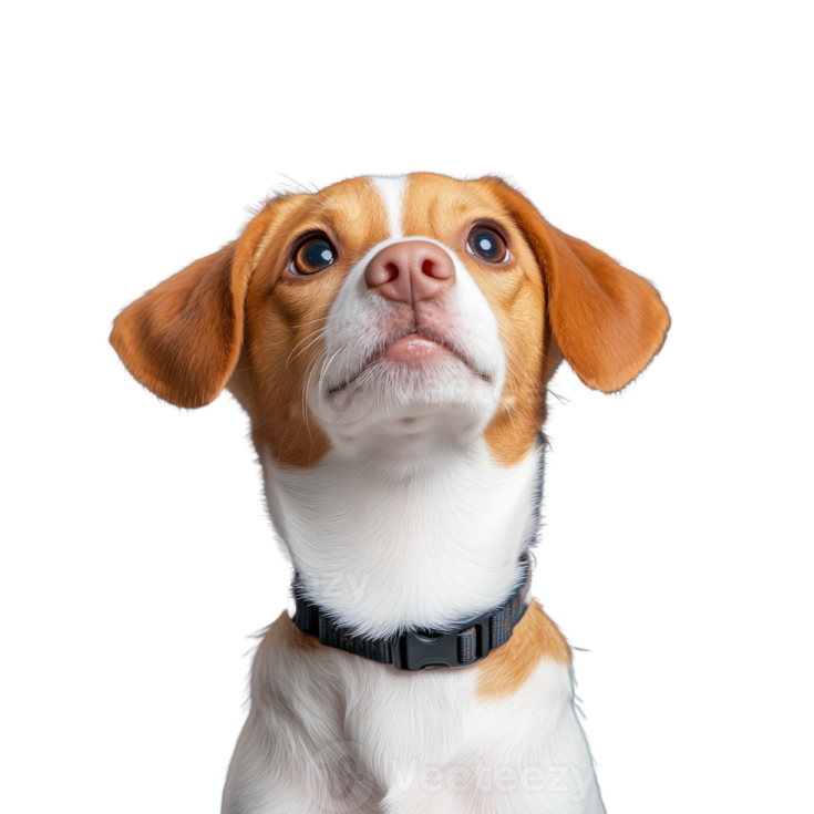 a small dog looking up at the camera