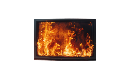 a black fireplace with flames on it