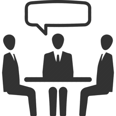 a group of people sitting at a table with speech bubbles above them