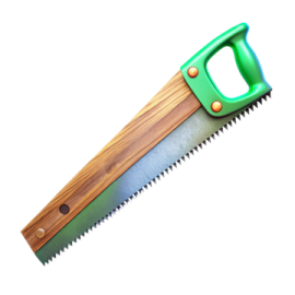 a wooden saw with a green handle