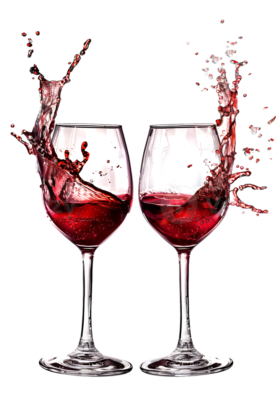 two wine glasses with red wine splashing out