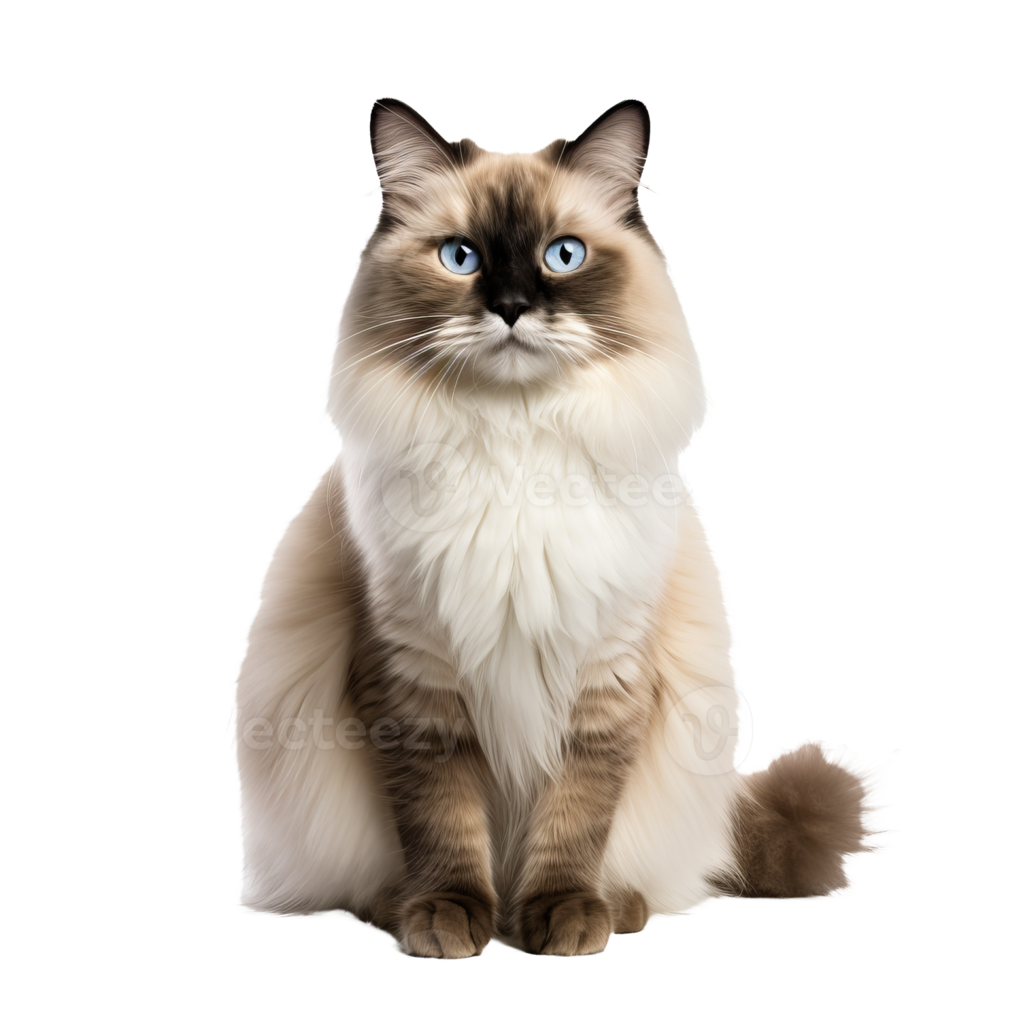 a cat with blue eyes sitting down