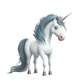a white unicorn with blue hair and a gold horn