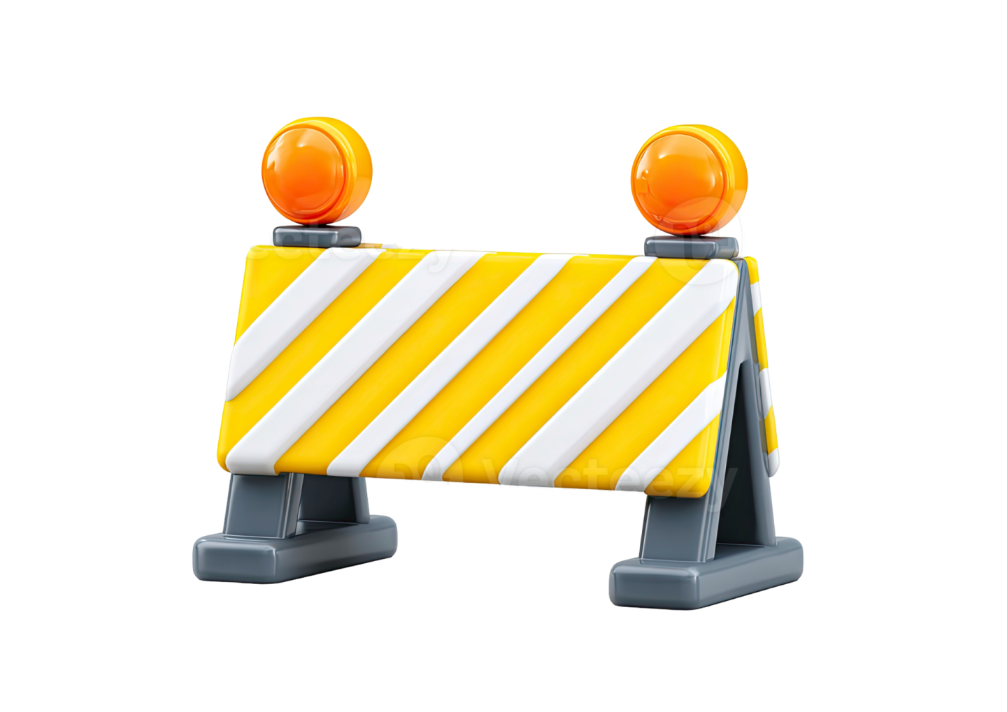 a yellow and white barrier with two orange lights