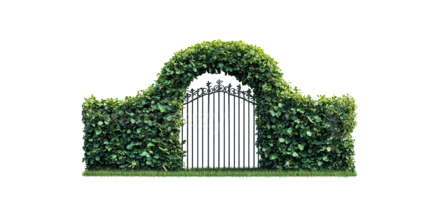 an iron gate with green ivys on it