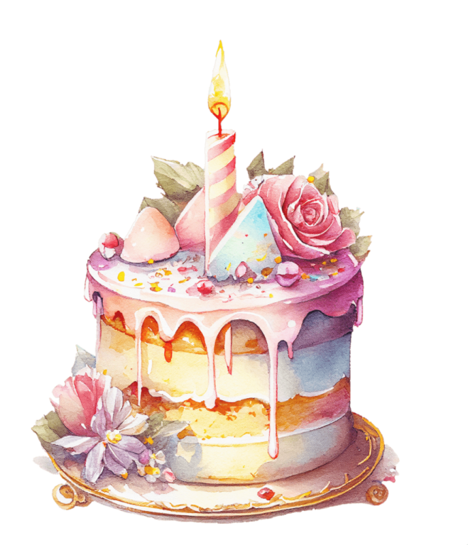 a watercolor painting of a birthday cake