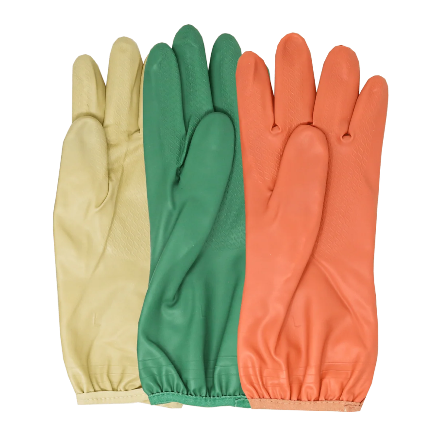 three pairs of gardening gloves in different colors