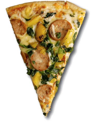 a slice of pizza on a white background