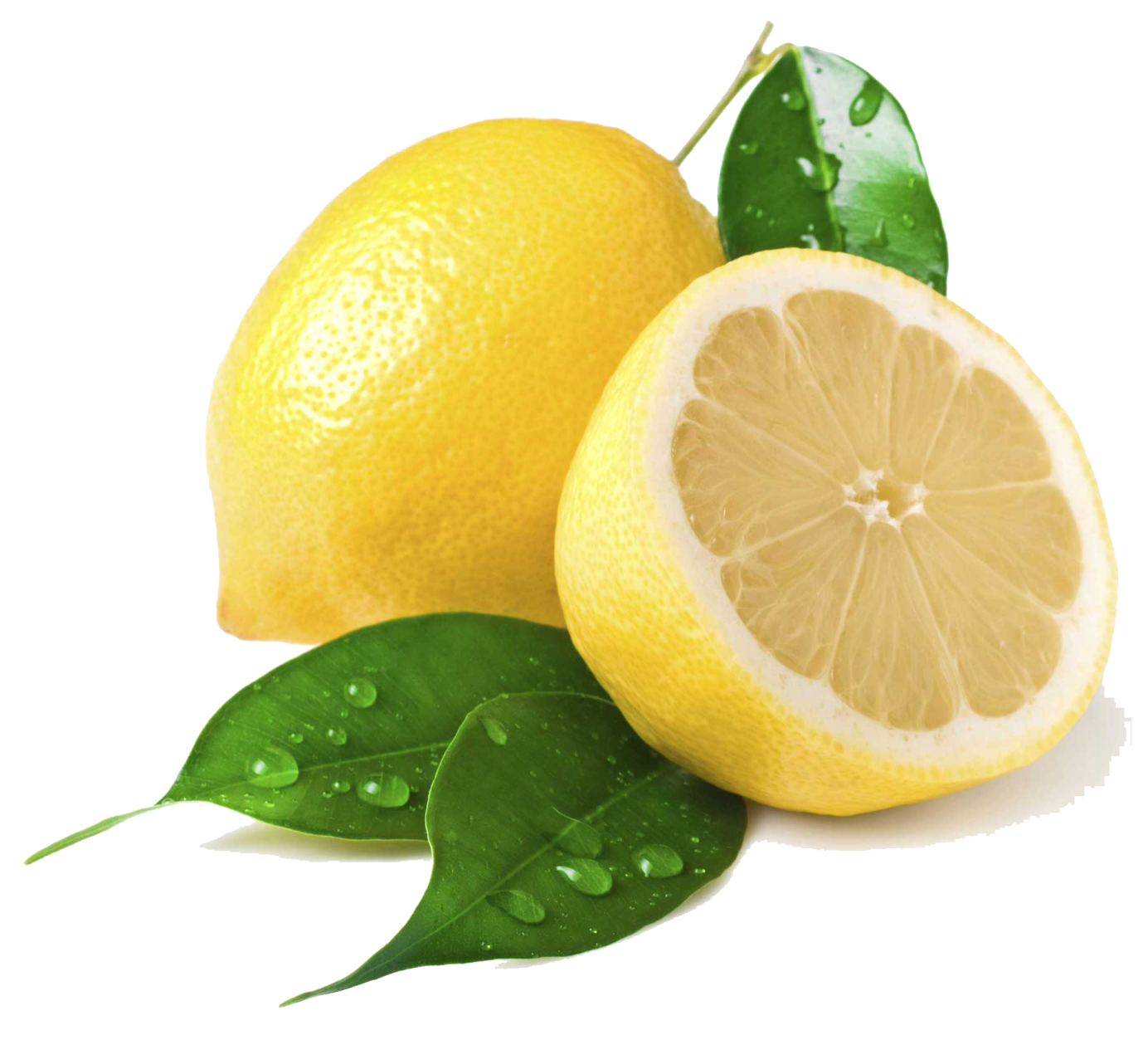 two lemons with leaves and water droplets